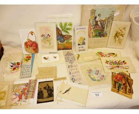 Collection of antique and vintage greetings cards, calling cards, embroidered tokens, WW1 and WW2 embroidery etc.