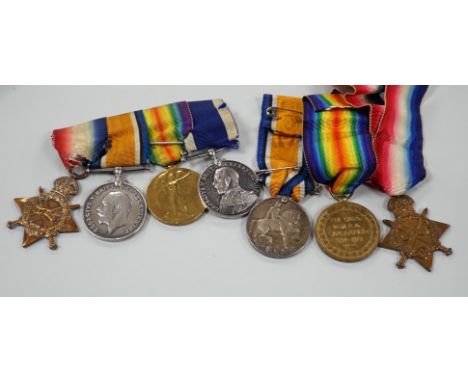 A WWI naval medal group of four with portrait photo with records and one other WWI trio