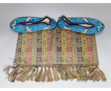 A pair of Chinese silkwork slippers and a Japanese table runner