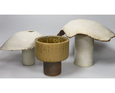 Ruth Sulke - two studio glazed stoneware ‘mushroom’ vases, together with a small studio pottery jardiniere, tallest 21cm Lite