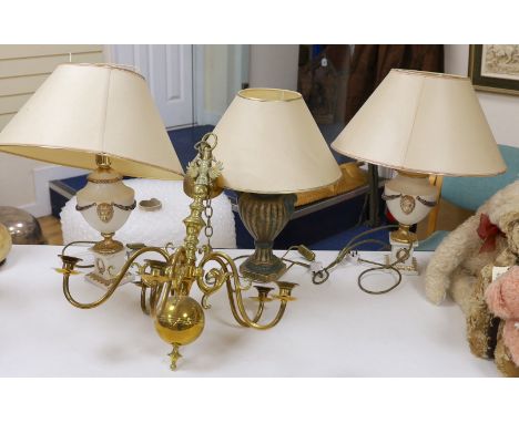 Three neoclassical ceramic table lamps and an electrolier. Tallest 58cm with shade