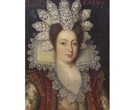 Early 19th century English School, oil on wooden panel, Portrait of 'Lady Paine, AE Datis Sua 1591', 65 x 50cm