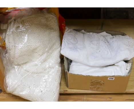 A patch worked filet lace and anglais cut work table cloth and six matching napkins, and another cloth