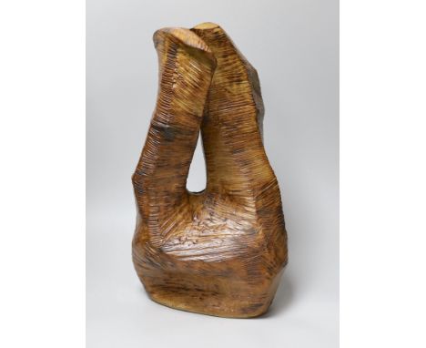 Ruth Sulke - a large brown copper glazed stoneware angular “wooden” sculpture with central hole, 1985, 42cmSee Sulke, Ruth - 