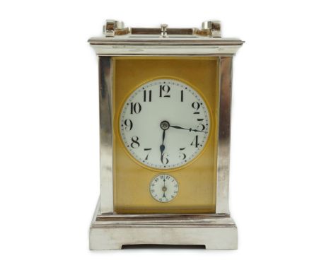 An early 20th century silver plated sonnerie carriage clock, with plain case, alarum and quarter repeating mechanism striking