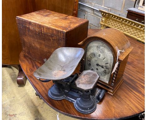 A small Victorian mahogany box, width 43cm, an oak mantel clock and a set of Victorian scales and weights