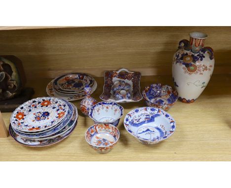 A Japanese Imari two handled vase, a Kangxi Imari bowl a/f and a collection of similar Japanese and continental ceramics,