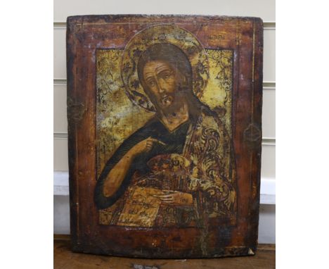 19th century South Russian School, tempera on wooden panel, Icon of God holding the Christ child and giving a benediction, 40