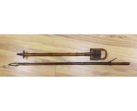 A French bamboo shooting stick and a Victorian library book grabber, 122.5cm