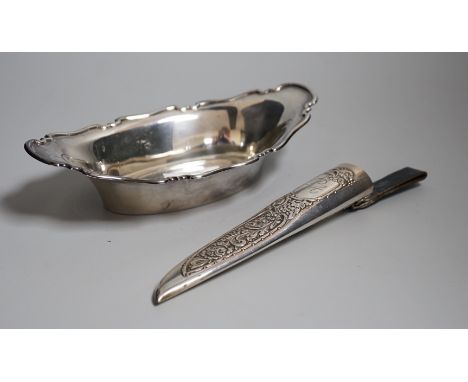 A George V silver bon bon dish, Sheffield, 1928, 19.9cm and a Scandinavian? 925 S white metal mounted dagger sheath, maker EI