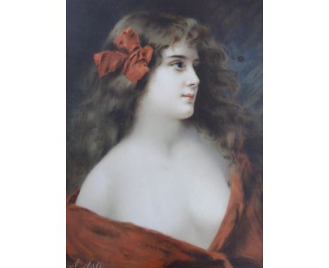Angelo Asti (Italian, 1847-1903), chromolithograph, Portrait of a young woman with a ribbon in her hair, 50 x 39cm