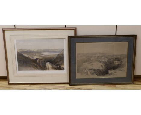 David Roberts (1796-1864), hand coloured lithograph, 'Descent into the Valley of the Jordan', 1839, plate 56, overall 36 x 52