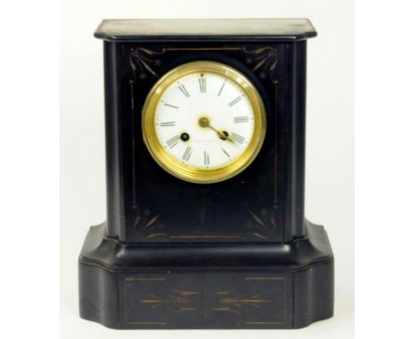 A VICTORIAN SLATE MANTLE CLOCK WITH FRENCH BELL STRIKING MOVEMENT