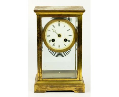 A 19TH CENTURY FRENCH BRASS FOUR GLASS MANTLE CLOCK, WITH GONG STRIKING MOVEMENT
