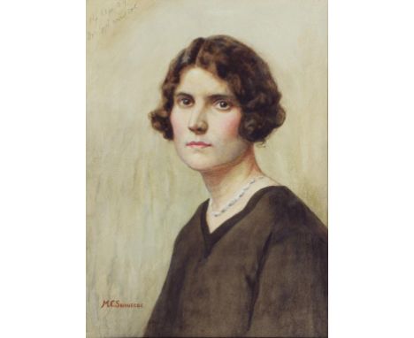 MARIAN E. SWINSCOE - PORTRAIT OF DR G. SWINSCOE, BUST LENGTH IN A BROWN DRESS, SIGNED, DATED 19 SEPT '29 AND INSCRIBED, WATER