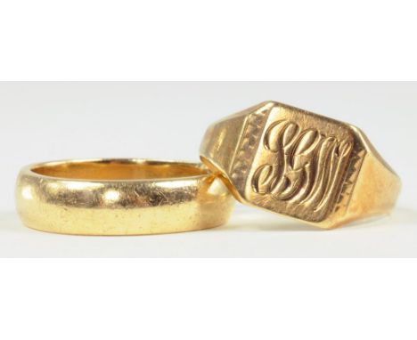 A 9CT GOLD WEDDING RING AND A 9CT GOLD SIGNET RING, 10.4G
