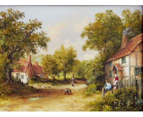 K. DOUGLAS - VILLAGE SCENE, SIGNED, ACRYLIC ON CANVAS