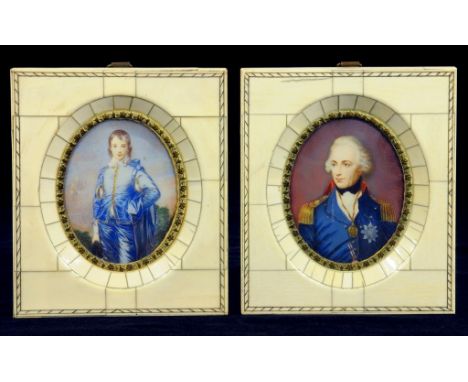 TWO FRENCH DECORATIVE PORTRAIT MINIATURES OF LORD NELSON AND THE BLUE BOY, THE FRAMES VENEERED WITH 19TH CENTURY IVORY PIANO 