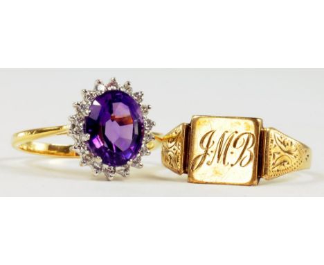 AN AMETHYST AND DIAMOND CLUSTER RING IN 18CT GOLD AND A 9CT GOLD SIGNET RING, 4.3G GROSS