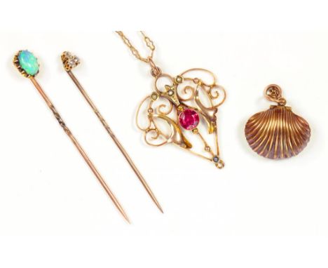 A PINK STONE AND SPLIT PEARL SET GOLD OPENWORK PENDANT, A GOLD NECKLET, TWO GOLD STICKPINS, ONE WITH OPAL TERMINAL, THE OTHER