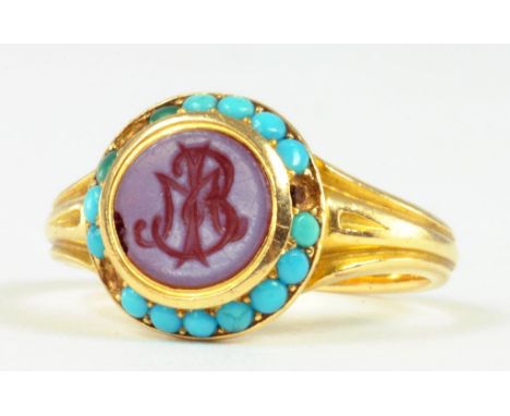 A VICTORIAN GOLD AND TURQUOISE SIGNET RING WITH HARDSTONE INTAGLIO, 3.7G GROSS