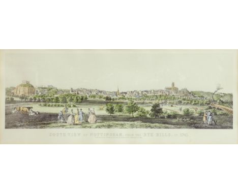 A COLOUR PRINT OF THE SOUTH VIEW OF NOTTINGHAM FROM THE RYE HILLS IN 1741, AFTER THE 18TH CENTURY ORIGINAL AND ANOTHER ITEM 