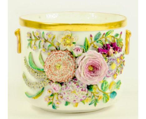 A JOHN BEVINGTON FLORAL ENCRUSTED CACHE POT, WITH GILT RING HANDLES AND RIM, CIRCA 1875