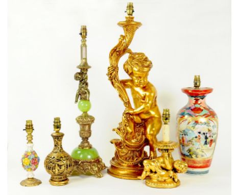 A KUTANI VASE ADAPTED AS A LAMP AND VARIOUS ONYX, GILT PLASTER AND OTHER TABLE LAMPS