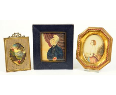 19TH CENTURY NAIVE ARTIST, PORTRAIT MINIATURE OF A LADY HALF LENGTH IN BLACK DRESS HOLDING A RED BOOK, EBONISED FRAME AND TWO