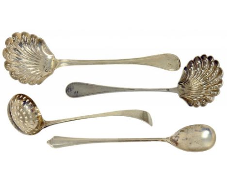 A GEORGE III SILVER SAUCE LADLE, LATER PIERCED AS A SUGAR SIFTER, LONDON 1804, A LATER SILVER SPOON WITH FIG SHAPED BOWL AND 
