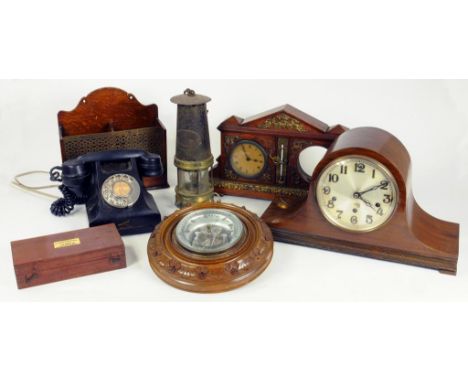 A BAKELITE MODEL 164 TELEPHONE, 1954, A VICTORIAN OAK AND BRASS WALL HANGING POSTBOX, A BRASS AND FERROUS METAL  MINER'S SAFE