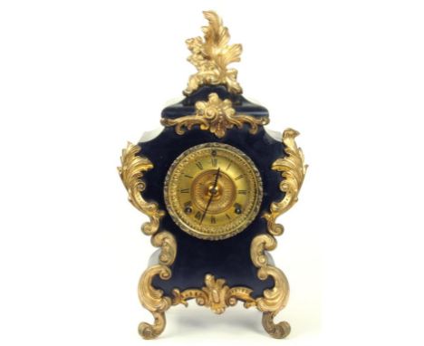 AN ANSONIA CLOCK CO BLACK AND GILT PAINTED IRON MANTLE CLOCK IN LOUIS XV STYLE, CIRCA 1890 