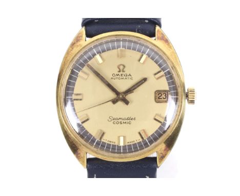 Omega, Seamaster Cosmic, a gentleman's gold-filled tonneau-shaped automatic  wrist watch, circa 1972. The brushed golden with
