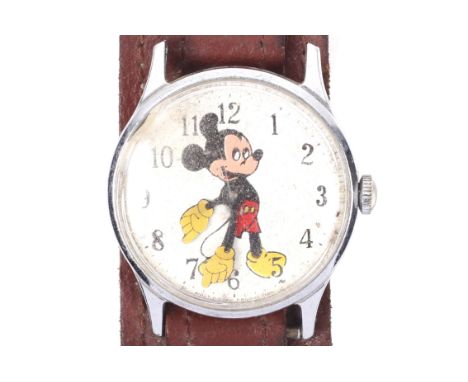 A Mickey Mouse stainless steel wrist watch. The white dial with black Arabic nu,erals and a portrait of Mickey his arms and h