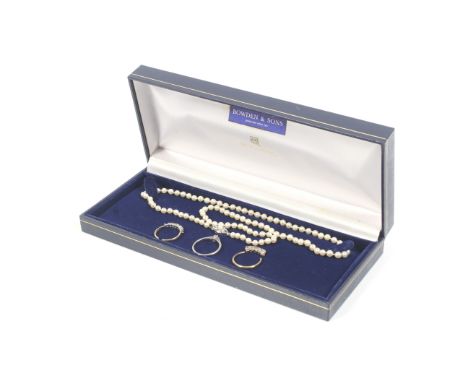 A cultured-pearl necklace and three rings. Comprising; a cultured pearl single row necklace; a sapphire and diamond five (of 