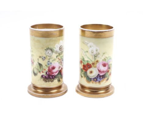 A pair of Copeland & Garrett Felspar late Spode hand painted spill vases. Decorated with flowers on fruits on a pale yellow g