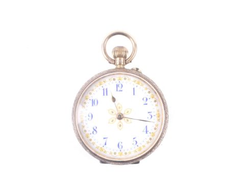 An early 20th century gold open face keyless fob watch. The white enamel dial with blue Arabic numerals, The 35mm four-piece 