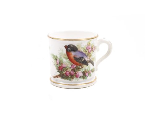 A miniature 19th century Royal Worcester coffee can. Decorated with a bullfinch on a pine branch, with gilt details. Blue cre