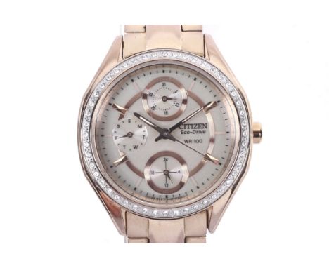 Citizen, Eco-Drive, WR100, a lady's stainless steel and gilt round bracelet watch. Ref GN-4W-S, 8637-S082862, the brushed cha