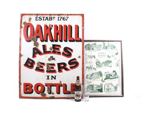 A vitreous enamel advertising sign for 'Oakhill Ales & Beers in bottle' and three items regarding Oakhill Brewery. The sign 6