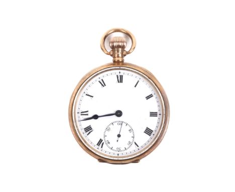 A 9ct rose gold cased open face keyless pocket watch, circa 1922. The white enamel dial with black Roman numerals and a subsi