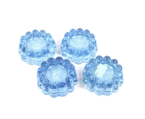 A set of four vintage light blue glass furniture caster cups. Of French design with scalloped edge. Diam. 10cm.