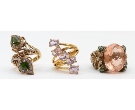 Three silver gemset rings including a leaf example, sizes M, R, L, 30gm. 