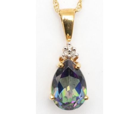 A 9ct gold mystic topaz and diamond pendant, 19mm, on chain, 47cm, 2.2gm 