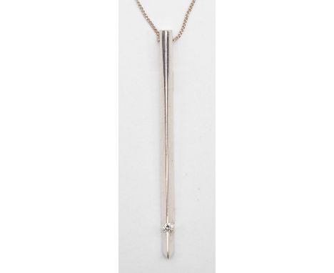 A 9ct white gold diamond bar pendant, 35mm, on 375 chain, 44cm, 1.5gm. 