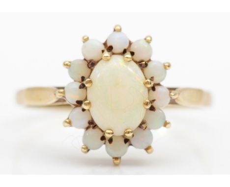 A 9ct gold and opal cluster ring, S, 2.3gm 