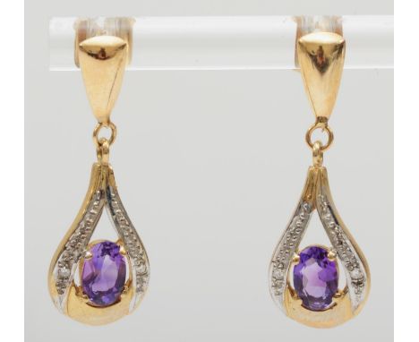 A 9ct gold pair of diamond and amethyst drop earrings, 2.7cm, 2gm. 