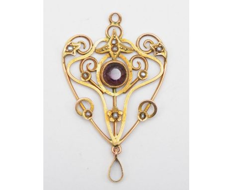 A Edwardian 9ct gold openwork pendant with seed pearls, 4cm, 3gm, one setting vacant. 