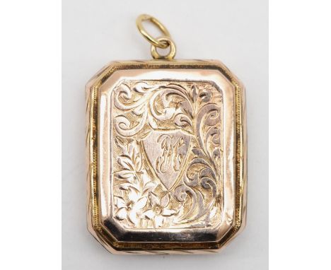 A Victorian gold front and back rectangular locket with scrolling engraving, 2.5 x 2.2cm, 6.3gm. 