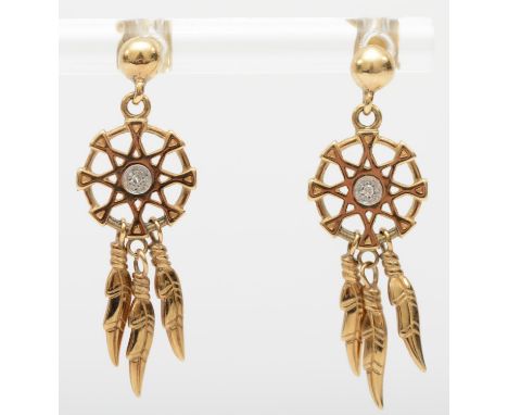 A 9ct gold pair of diamond dream catcher earrings, 3cm, 3.1gm. 